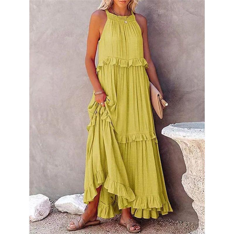 Long Dress European American Summer New Vacation Style Ruffles Wide Hem Flowy Beach Dress Long Dress Women