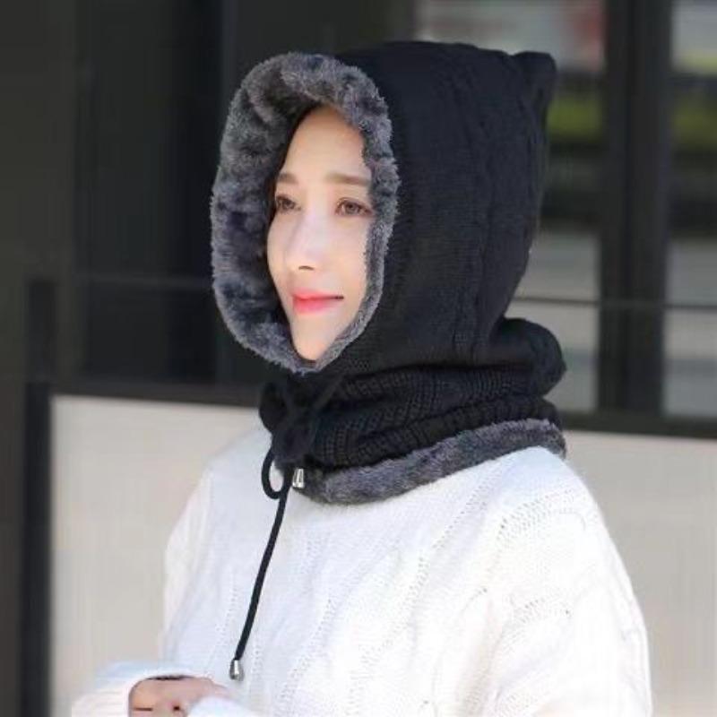 Women's Fleece Lined Thickened Winter Outdoor Cycling Wool Hat Windproof Cold Resistant One Piece Knitted Hat with Neck Protection