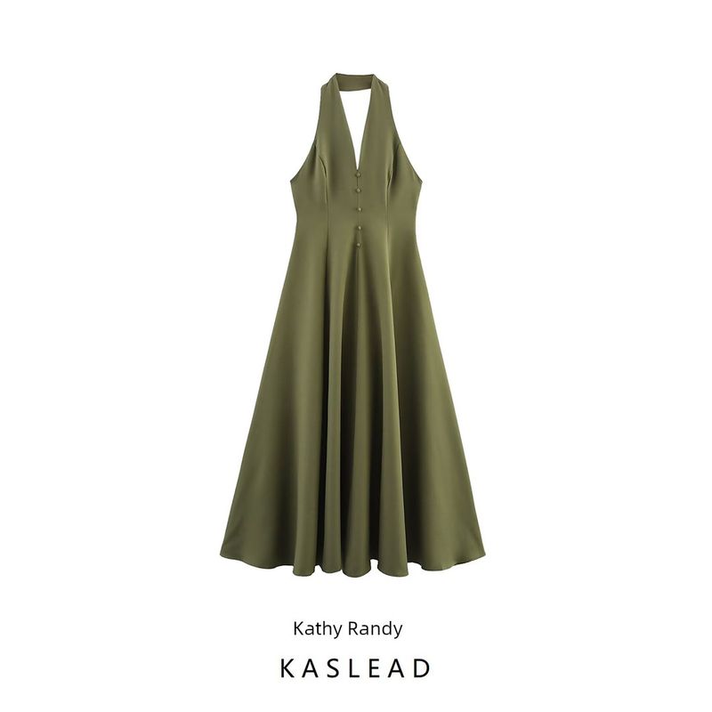 Kaslead New Women clothes Western Style Fashion Simple Temperament Sexy Hanging Neck Backless Big Hemline Long dress