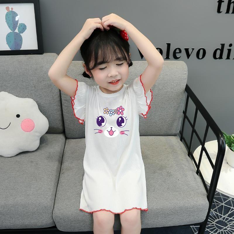 Girls Summer Ice Silk Short Sleeve Cartoon Nightgown Lightweight Pajama Dress for Toddlers and Kids