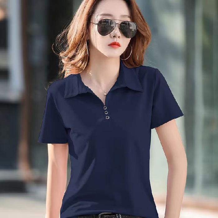 Women's Fashion Casual Summer Spring Solid Color Print Short Sleeve POLO Neck Blouses & Shirts