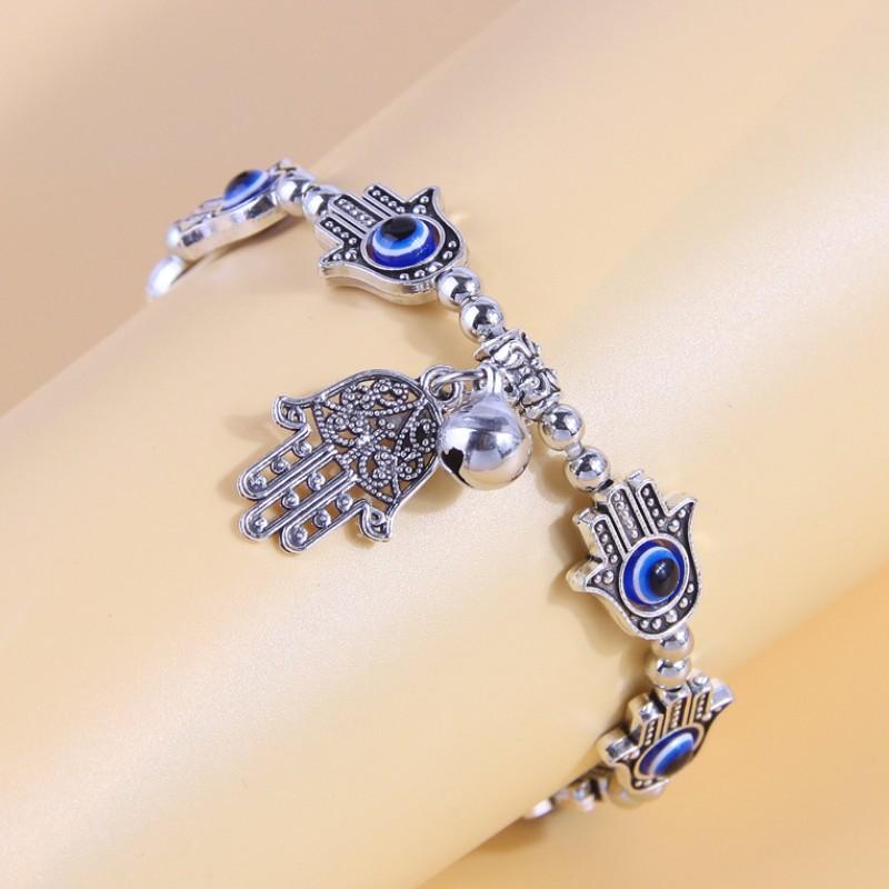 Blue Eye Bracelet Vintage Ethnic Style Fashion Hand Jewelry Silver Alloy for Women Daily Wear Gift