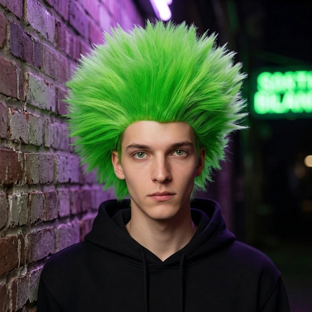 Perruque Homme Anime Courte Lisse Verte Halloween Cosplay Perruques Tête Explosive Moelleuse Jeu de Rôle