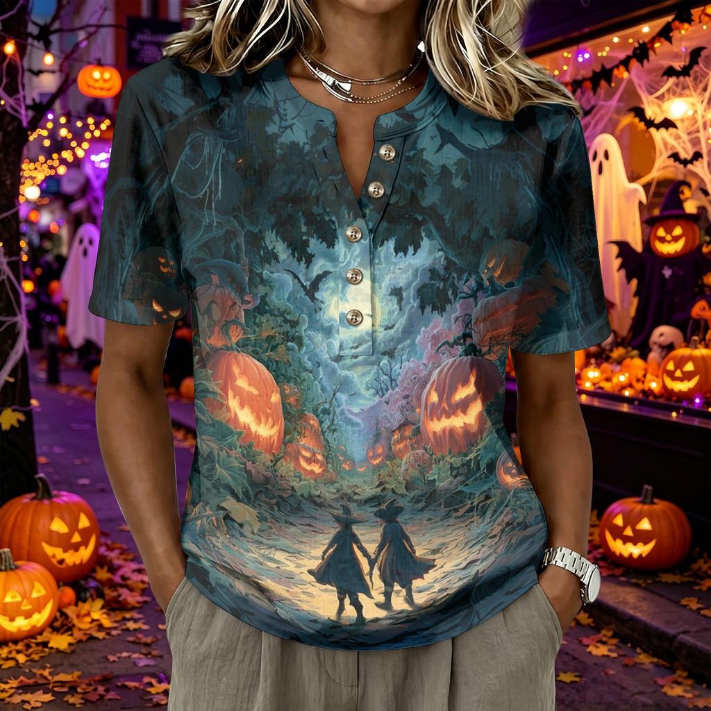 Women's Short Sleeve Henley Shirt Button Front Casual Loose Fit Cotton Linen Blend Top Halloween Graphic Print
