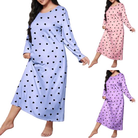 Damen Übergröße Langes Schlafkleid Herzmuster Langarm Nachtwäsche Nachthemd Herbst Locker Nachthemden Gemütliche Loungewear