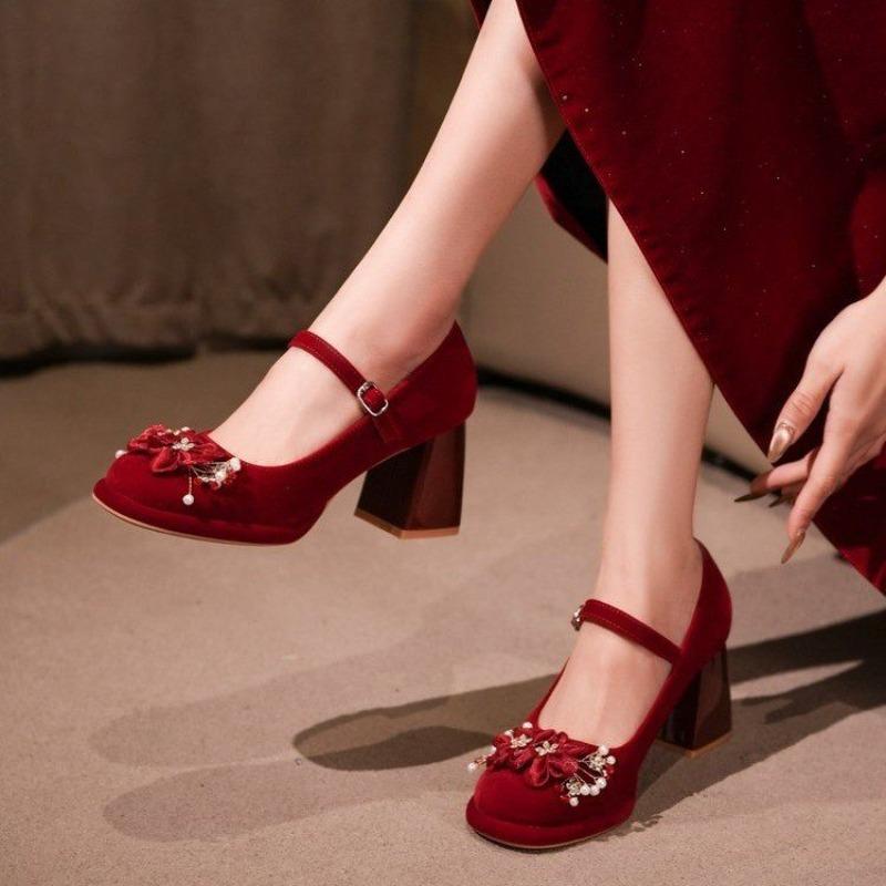 2026 Little Bride Wedding Shoes Block Heel High Heels Single Shoes