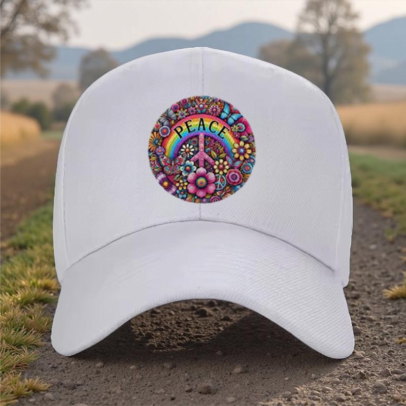 Peace Sign Hippie Rainbow Floral Print Baseball Cap Unisex Cotton Adjustable Casual Summer Hat