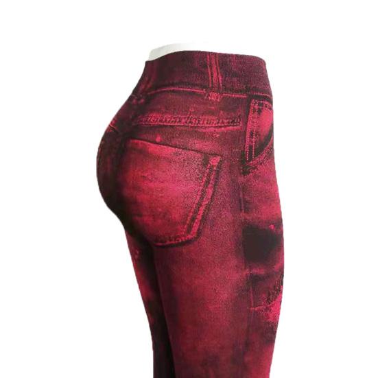 Multi Pockets Skinny Imitation Jeans Leggings Hip Lifting Ripped Holes Print Mid Waist Elastic Pants for Sports