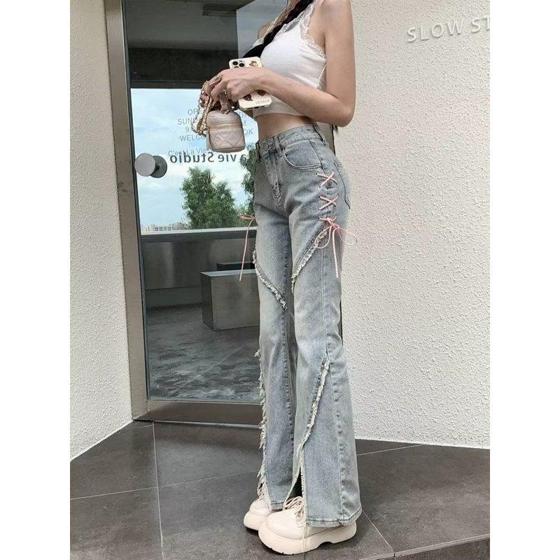 Jeans Damen Frühling und Sommer Retro Hot Girl Nischendesign Unregelmäßiger Schlitz Leicht ausgestellte lange Hose