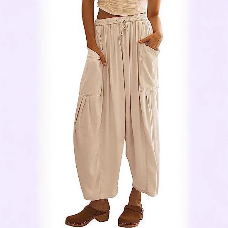 2026 Spring/Summer Women's Elastic Waist Pleated Mid-Waist Straight-Leg Loose Casual Cropped Pants