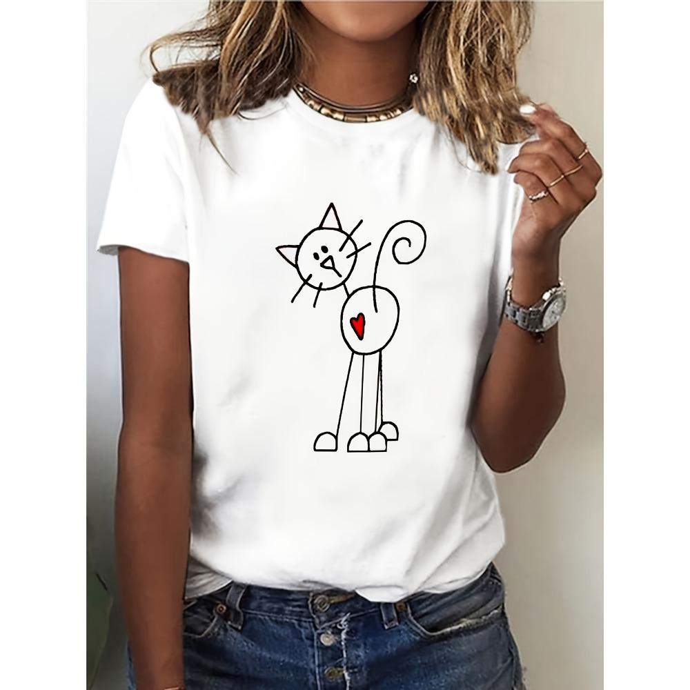 

Women Cotton Short Sleeves T-shirts Cute Doodle Cat Women s Tee Minimalist Graphic Casual White Top S