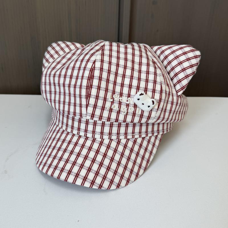 Cute Bear Plaid Ear Octagonal Hat Women Spring Summer Thin Sweet Face Slimming Beret Hat