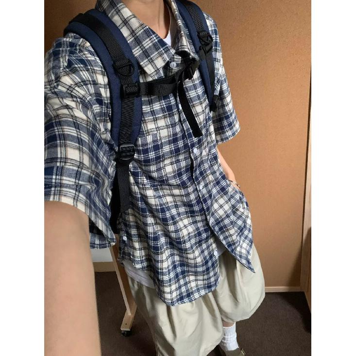 Retro Plaid Shirt Men'S Short Sleeved Trendy Casual Versatile Shirt Hong Kong Style Spring And Autumn Hooligan Handsome Inch Jacket