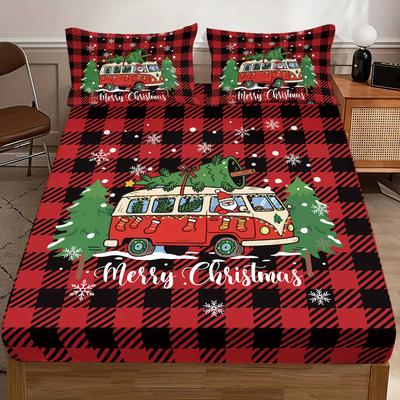3pcs Christmas Red Checkered Car Print Coreless Bed Sheet Set Multiple Size Soft Bed Covers Bedroom Bedding Decorations