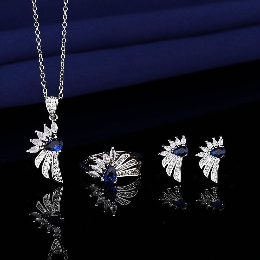 Bora Xing Blue Zircon Jewelry Set Necklace Earrings Ring Women