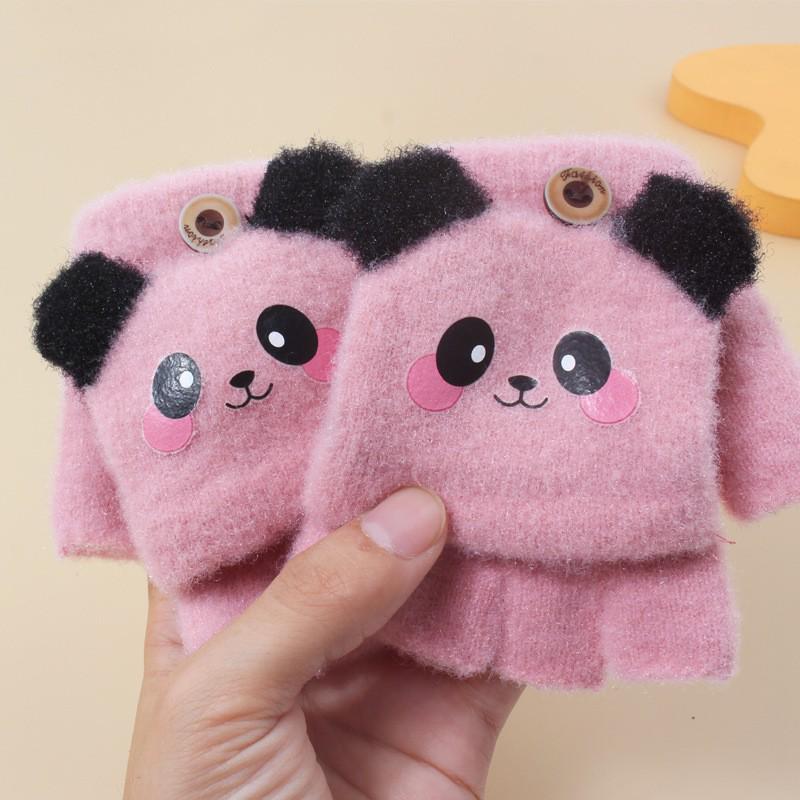 Kids' Cute Panda Flip-Top Fingerless Wool Gloves for Winter