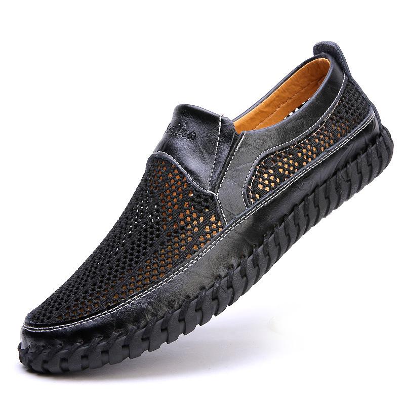 Men's Breathable Mesh Slip-on Sandals - Soft Sole Leather Dad Shoes, Size 50, Large and Comfortable.