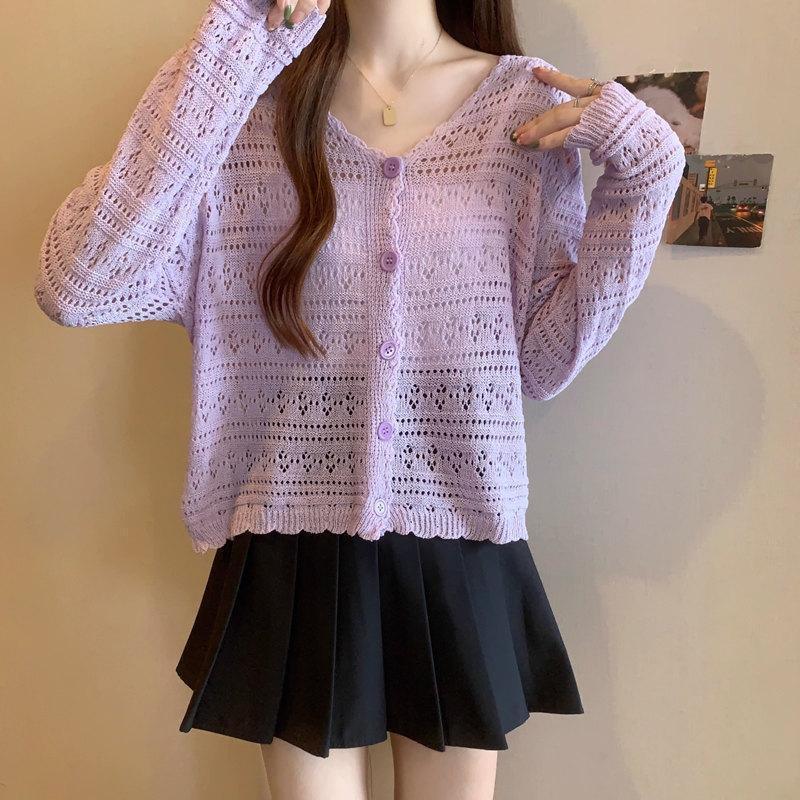 2025 Women's Plus Size Ice Silk V-Neck Knit Cardigan - Summer Sun Protection, Solid Color, Thin, Hollow-Out Short Shawl Jacket