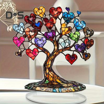Herz-Baum-Ornament für den Schreibtisch, 2D, flache Acryl-Dekoration, mehrfarbig, Liebesherzen-Baum mit Sockel für die Tischdekoration zu Hause, Geschenk zum Valentinstag