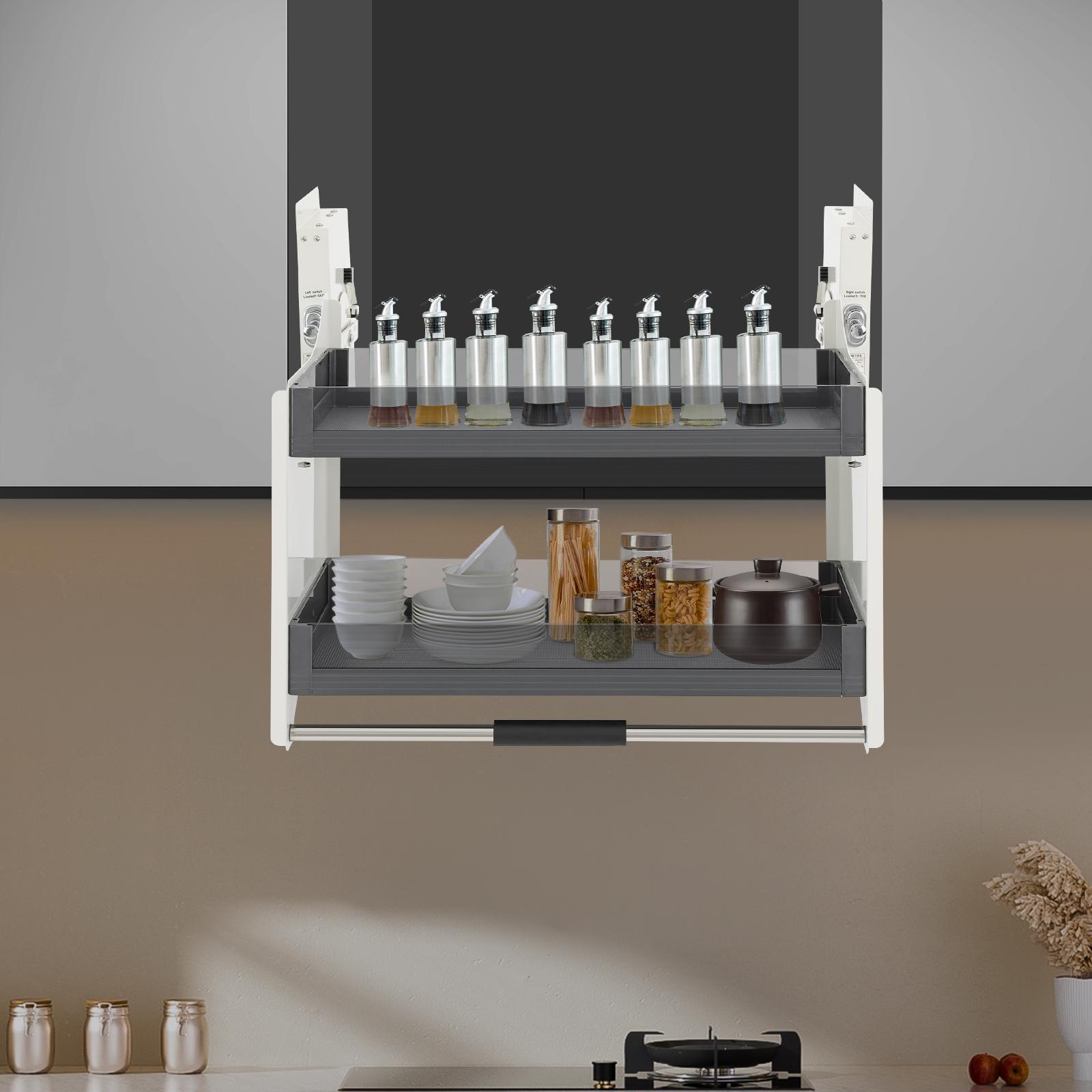 Scaffale a Scomparsa in Acciaio Legato, Scaffale a Scomparsa Bianco a 2 Livelli 76,4*26*54,3 cm Carico Massimo 12 kg per Pensili Superiori della Cucin