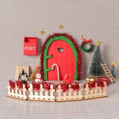 Miniature Christmas Scene Model Wooden Elf Door Set Handmade Mini Wood Door Festive Holiday Dollhouse Decor