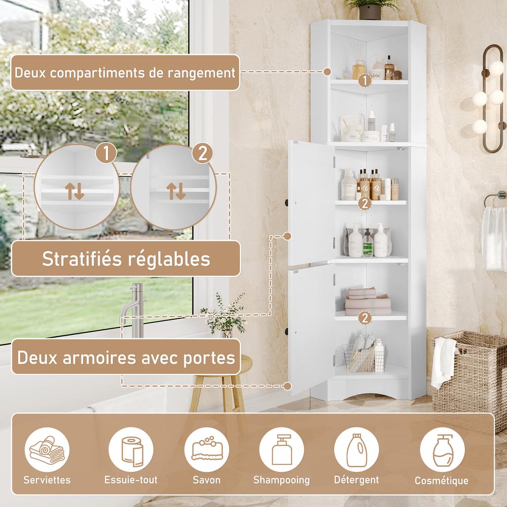 Dreieckiger Badezimmerschrank, Vollständig lackiert, Zwei offene Regalfächer, Zwei Schranktüren, Verstellbare Einlegeböden, Einfache Form, Weiß