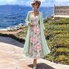 Women's V Neck Floral Print Maxi Dress Two Piece 3/4 Sleeve Chiffon Cardigan Elegant Casual Sundress Outfit Set