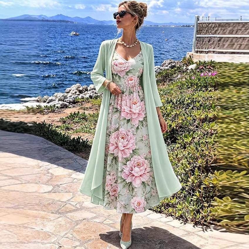 Women's V Neck Floral Print Maxi Dress Two Piece 3/4 Sleeve Chiffon Cardigan Elegant Casual Sundress Outfit Set