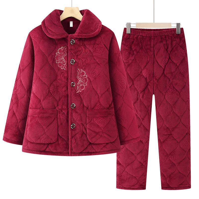 Grandma s Plus Velvet Embroidered Winter Pajama Set for Women 3XL (recommended for 140-160 jin)