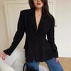 Vintage Black Narrow Cut Waist Fitted Blazer For Women Commute Office Outerwear