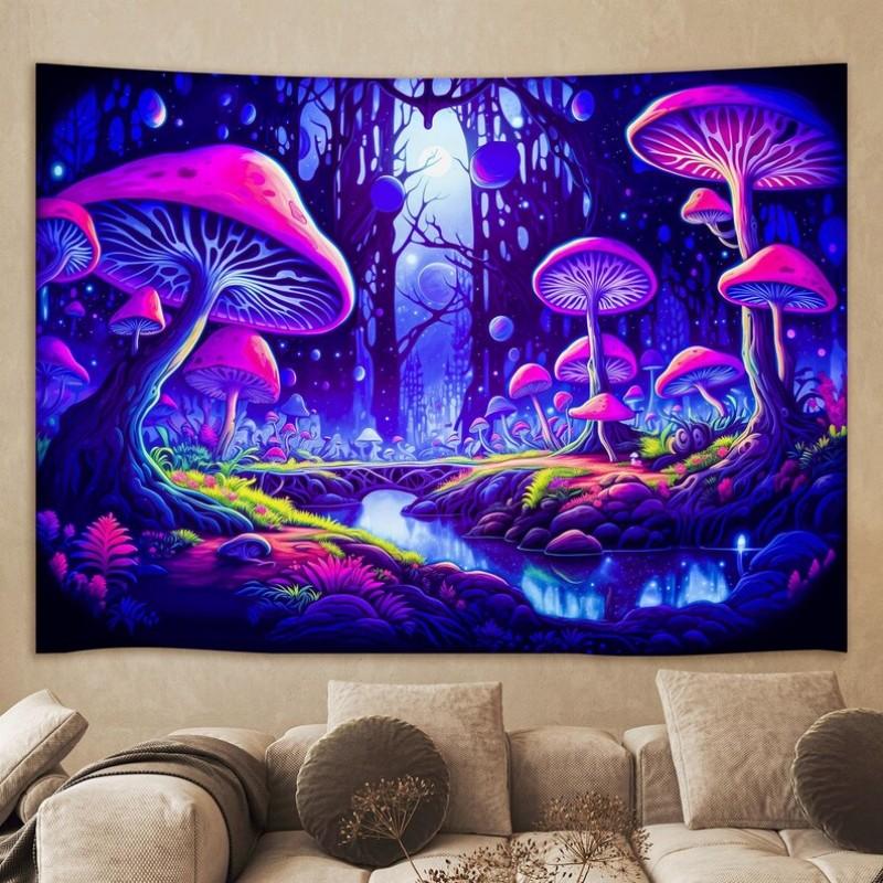 Aesthetic Mushroom Landscape Tapestry Polyester Wall Hanging Trippy Boho Tapestry for Dorm Room Decoration
