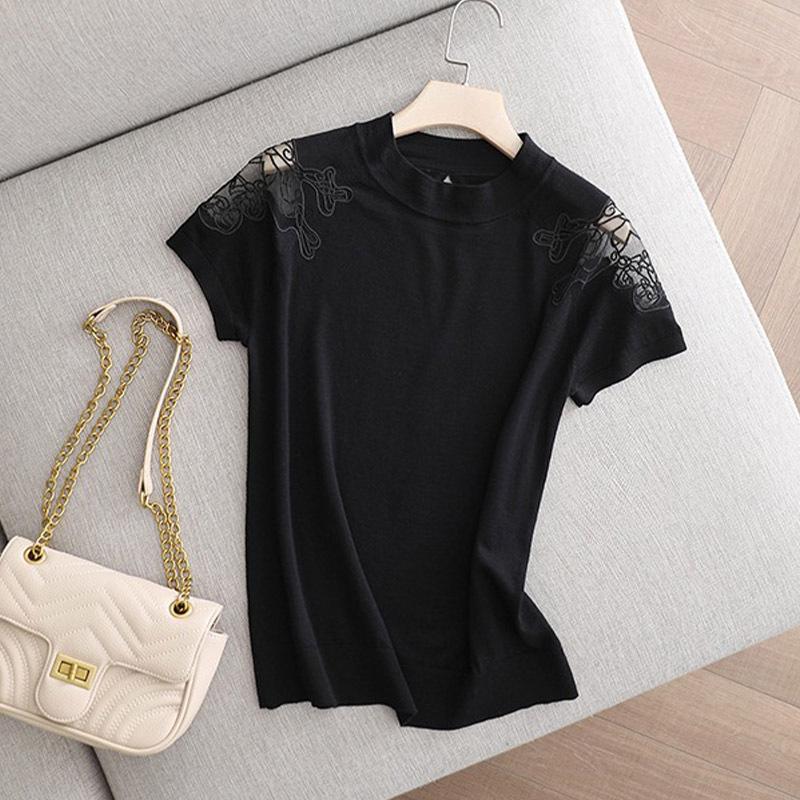 Short-sleeved women's summer new hollow mesh embroidered ice silk short-sleeved knitted top