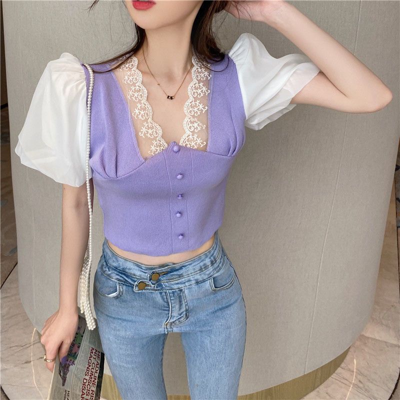 Sexy čipka Dámske tričká Čierna Biela Bubble Sleeve Girls Y2K Tričká Sexy Lady Ležérne tričká Módne topy