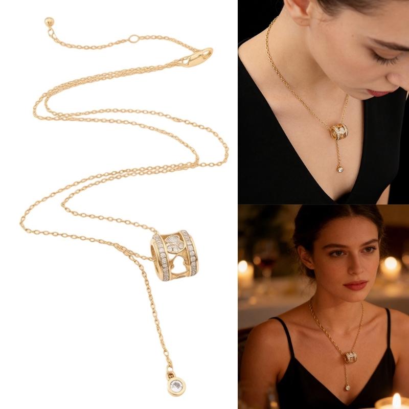 Elegant Gold Plated Zircon Geometric Gourd Pendant Necklace For Women Winter Layering 48cm Long Neck Chain