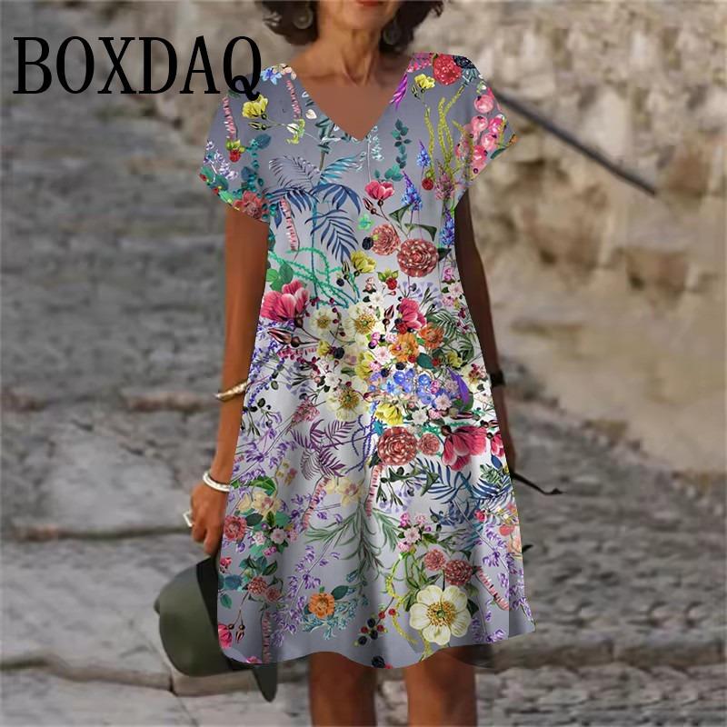 Plant Flowers Pattern Dresses Summer Women Clothing Fashion Plus Size Short Sleeve 3D Print Dress Casual Retro V-Neck Dress