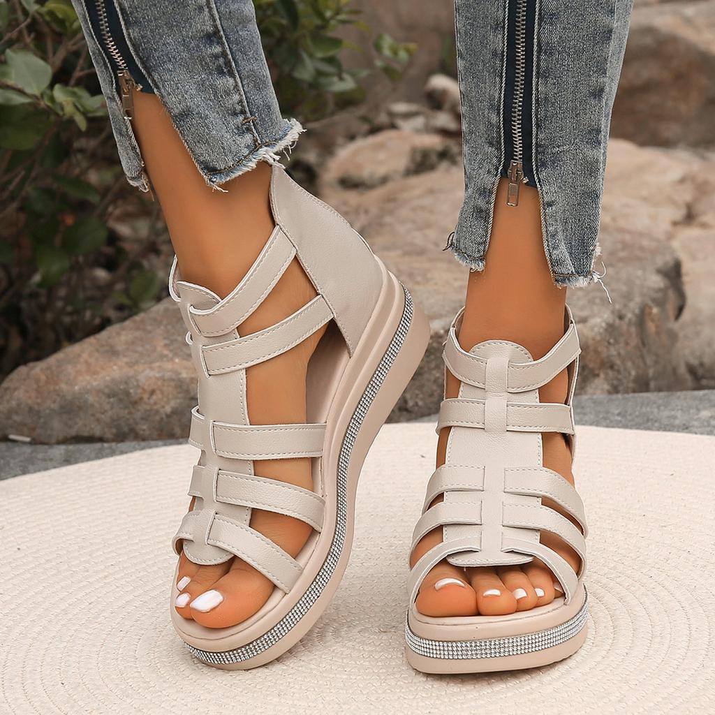 2025 Summer Women's Shoes Fashion Solid Color Multi Strap Combination Thick Bottom Zipper Water Diamond Design Cool Slippers