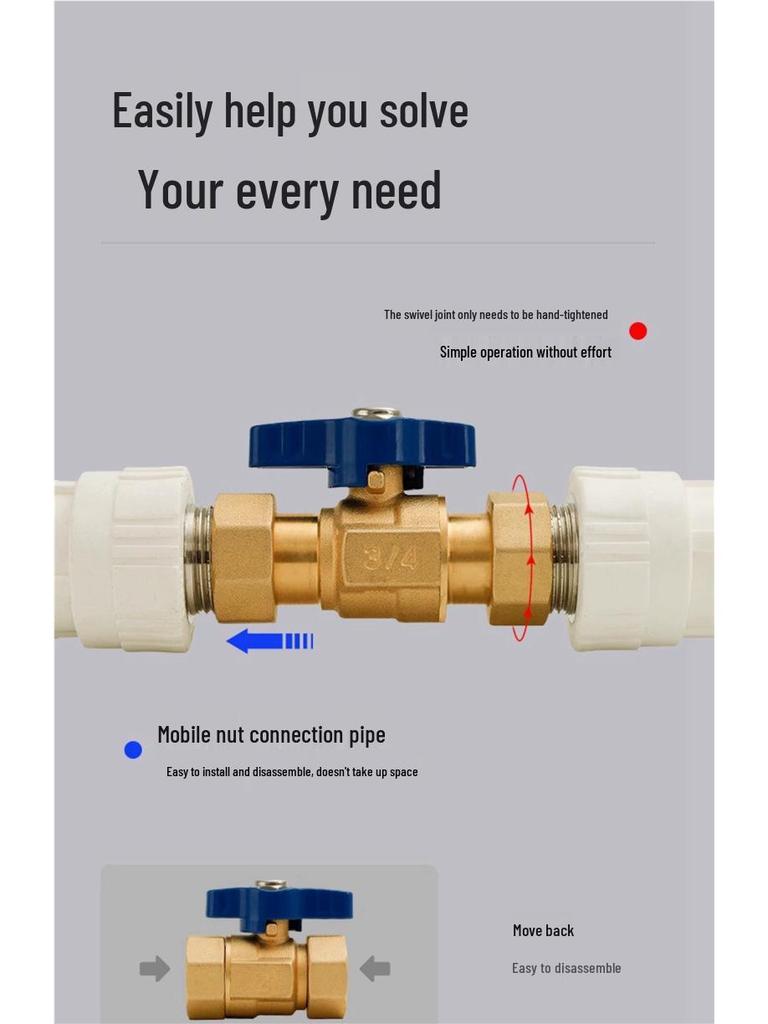 Full Copper Water Heater Union Ball Valve, Male/Female Thread, 6 to 4 Points Large Flow for Wall-Hung Boiler