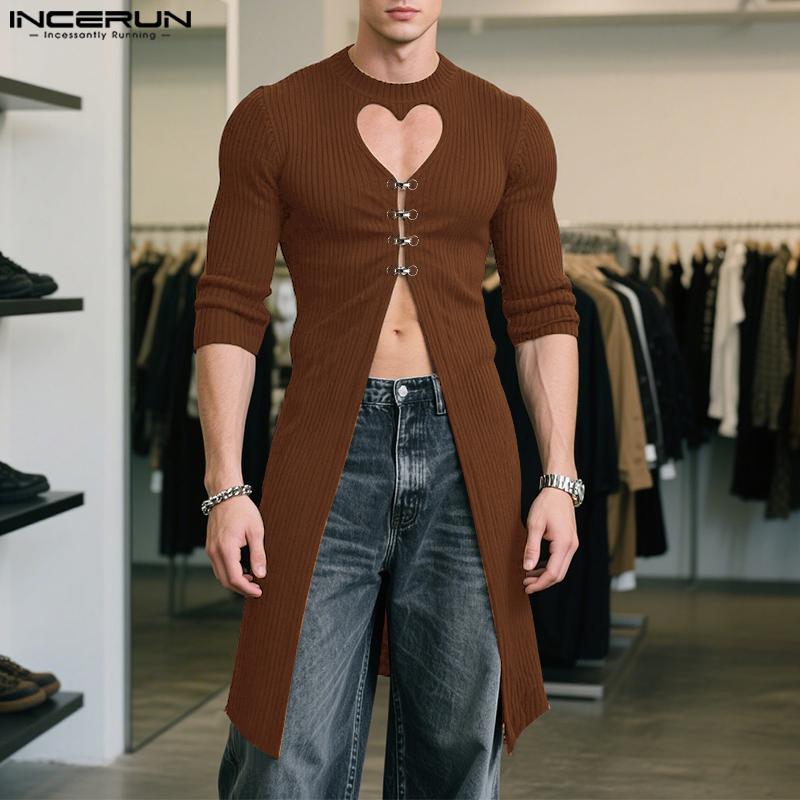 INCERUN Autumn Men Long Sleeve Cutout High Splits Ribbed Tunic Tops Pullovers