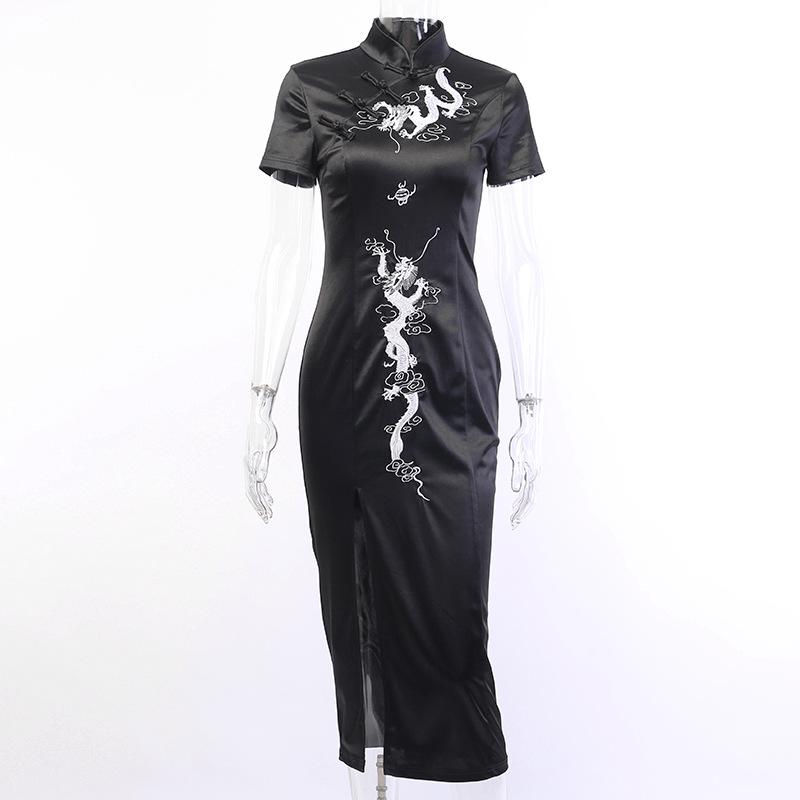 2025 New Collection Vintage Dark Gothic Chinese Knot Buttons Short Sleeve Dress Chinese Style High Waist Split Dragon Print Slim Cheongsam