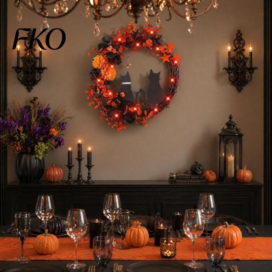 Orange Warm Light Halloween Decor Floral Garland, with String Lights, Black Cat Silhouette Nighttime Glowing Wreath Wreath, for Front Door
