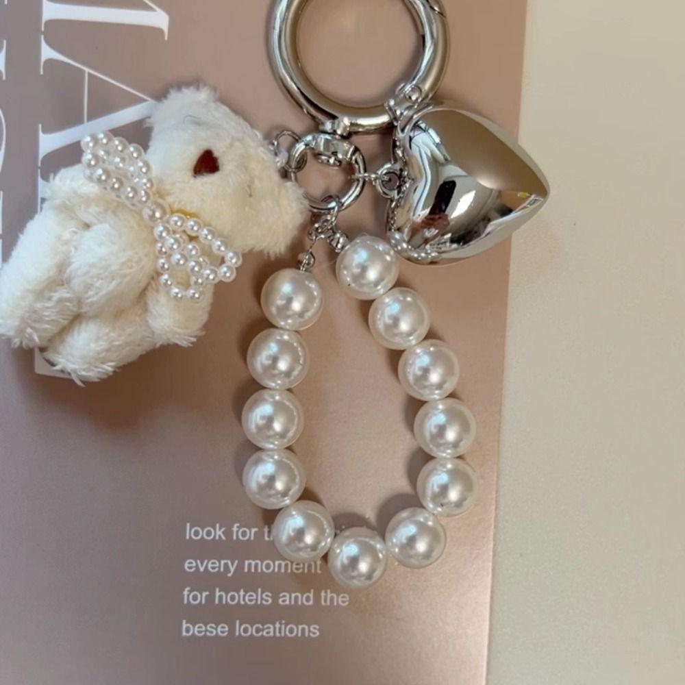 Fashion Sweet Fluffy Plush Bear Keychain Bag Accessories Heart Keyring Pearl Bowknot Doll Pendant Couples Keychain Gifts