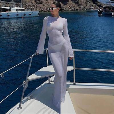 Neuer Herbst Strandrock Rundhals Strandbikini mit Sonnenschutz Langärmlig Rückenfreies Kleid