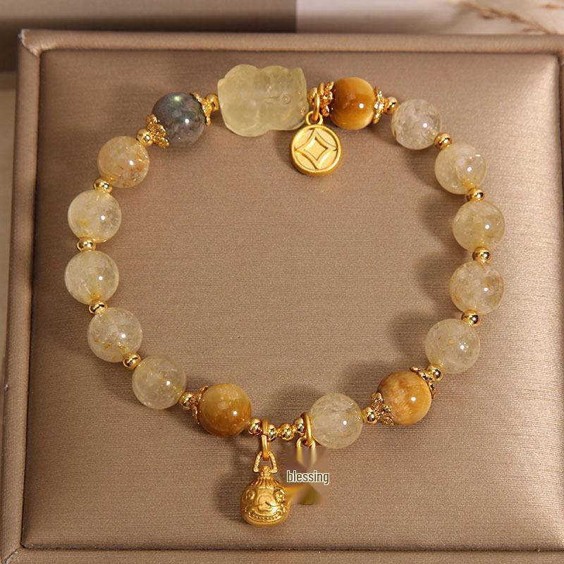 

Браслет из золотистого рутилового кварца, лунного камня и тигрового глаза для женщин - Подарок Пи Сю для девушки или лучшей подруги