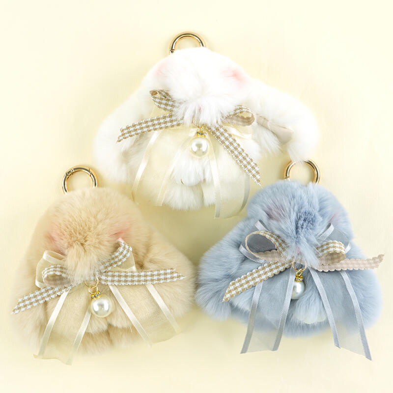 Pearl Ribbon Rabbit Fur Keychain Blue Pearl