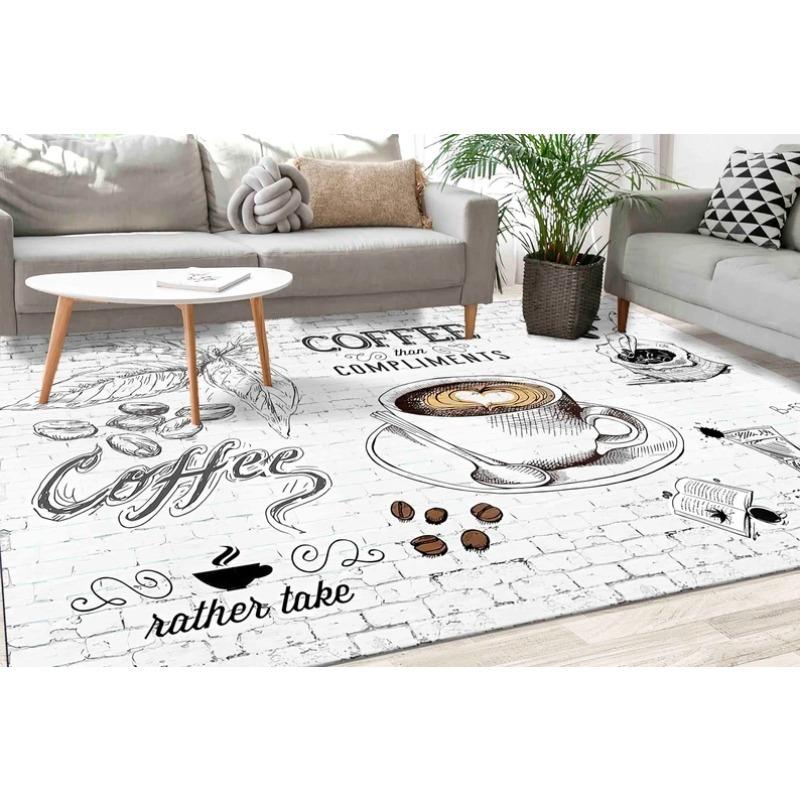 Creative Coffee Floor Mat Wood Design with Coffee Bean Border Mug Print Non-Slip Kitchen Rug for Cozy Cafe Vibe Warm Home Decor
