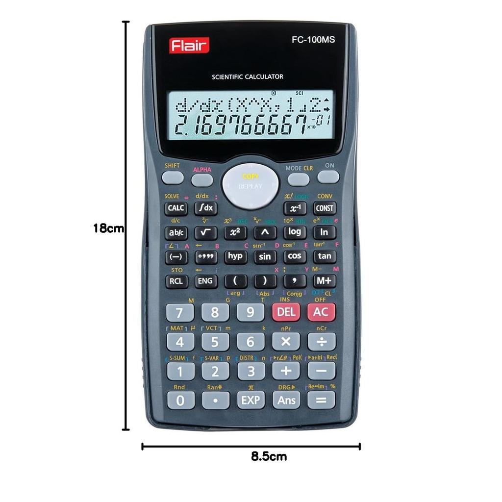Flair FC-100MS Scientific Calculator 300 Functions 10+2 Digit Two Line Display Battery Solar Black Pack of 1 Desktop