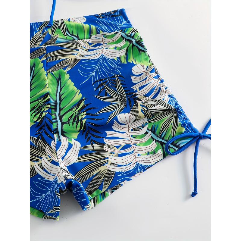 Tropical Leaf Print V Neck High Waist Bikini Sets - Drawstring Spaghetti Straps Boxer Short Bottoms Two Pieces Swimsuit, Women's Swimwear & Clothing