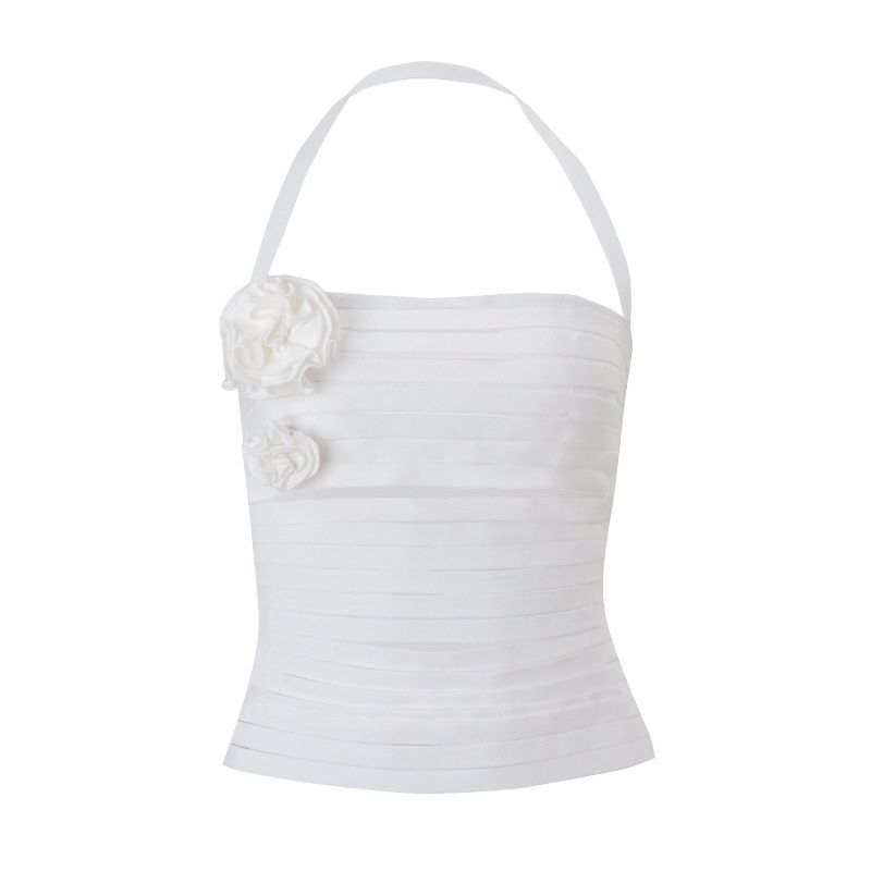 

Ins European and American Style 2025 Spring New Sexy Hot Girl Three-Dimensional Flower Design Slimming Halter Neck Tank Top for Women White S
