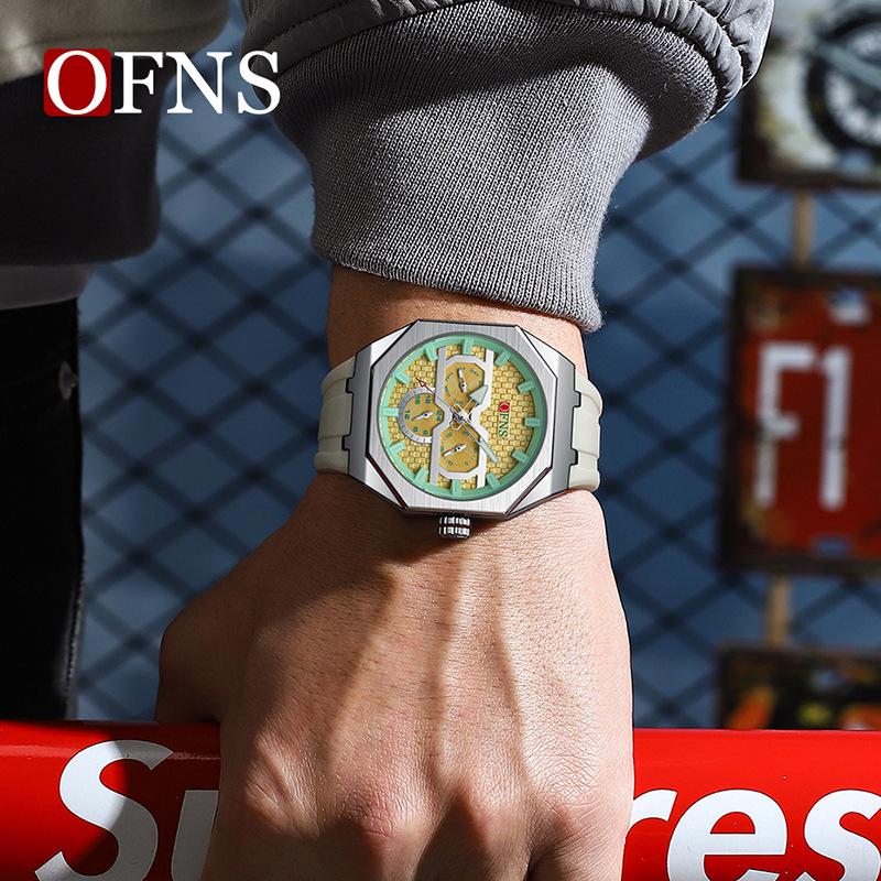 OFNS Men's Waterproof Octagonal Quartz Wristwatch with Large Dial & Three-Eye Six-Hand Design