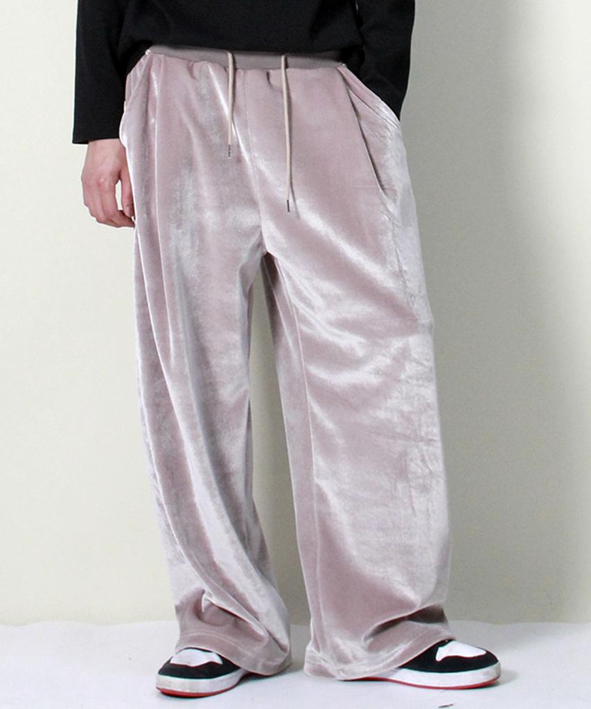 Deumakeu Velvet Laminated Single-Pleat Real Wide Pants Beige